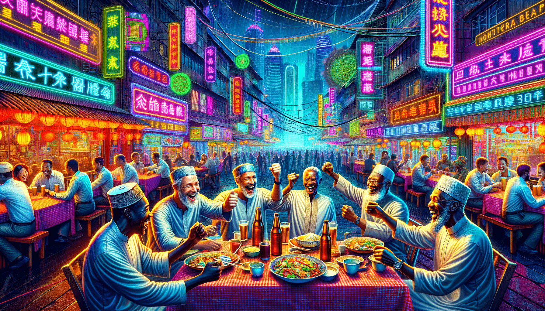 We have a group called Dinner For Dudes, which is made up of expat fathers in Tanzania. We are getting a Chinese meal later in the week, please design a fun image for us. Please include only men expats.