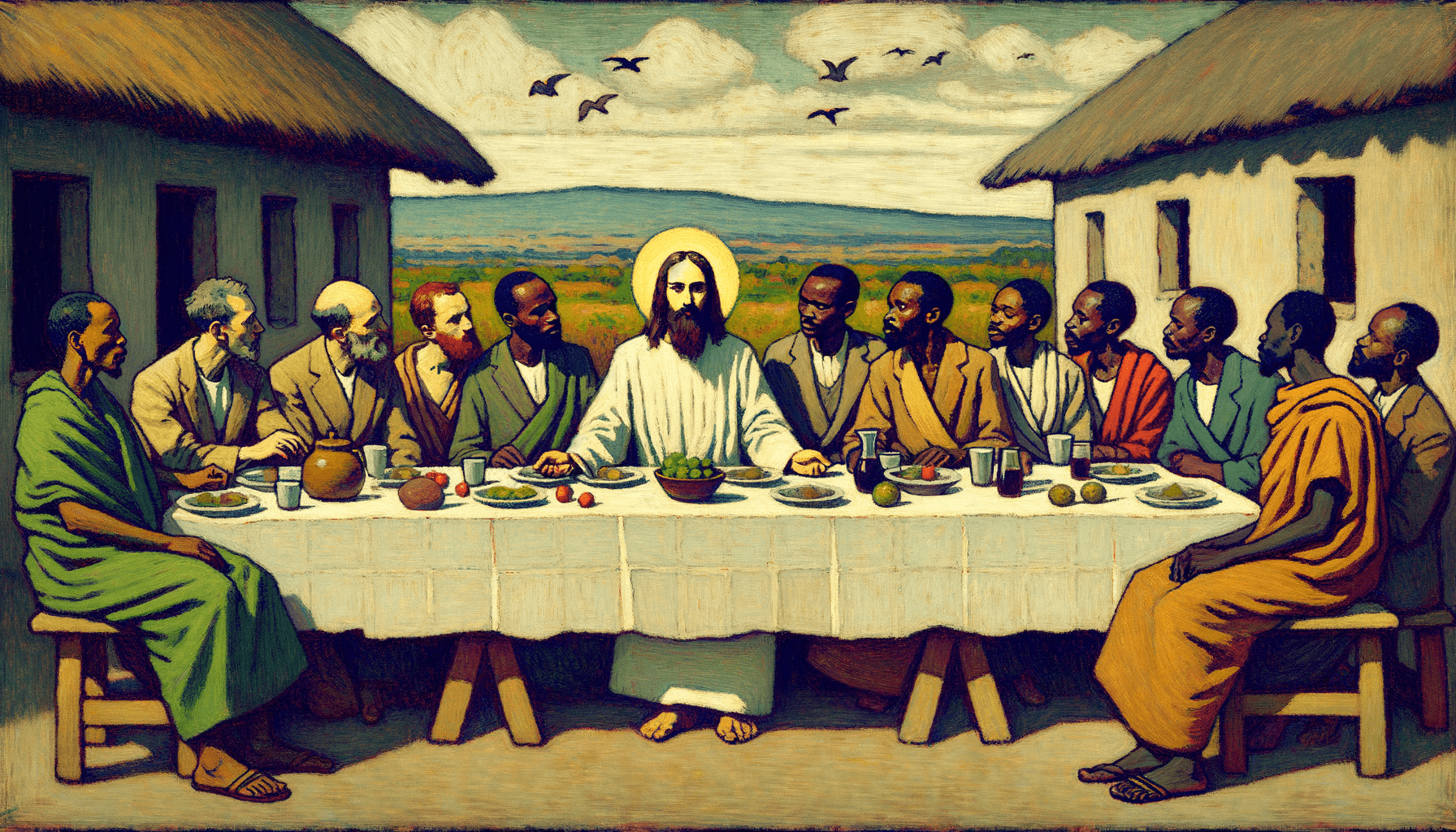 please make an image in the style of L. S. Lowry that looks similar to The Last Supper, about Thanksgiving in Mwanza, Tanzania. Instead of Jesus, it should be a tall bearded man and his Asian wife.