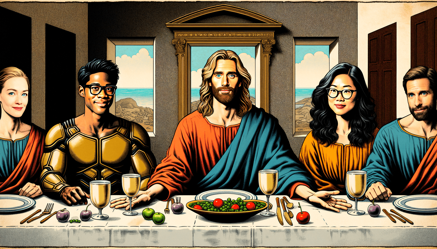 please draw a funny drawing that is animated. Use Leonardo's The Last Supper as the base image and in the middle, instead of Jesus, there is two people who look a little bit like Chris Hemsworth and Ali Wong. It should look like a cartoon, and not realistic. It is supposed to be fun and an invite to Thanksgiving