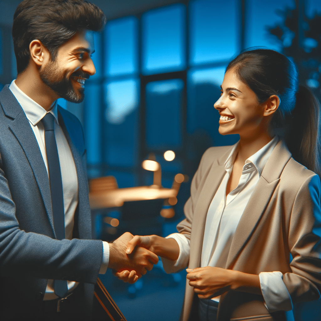 Hispanic business woman and business man shaking hands happily in office setting