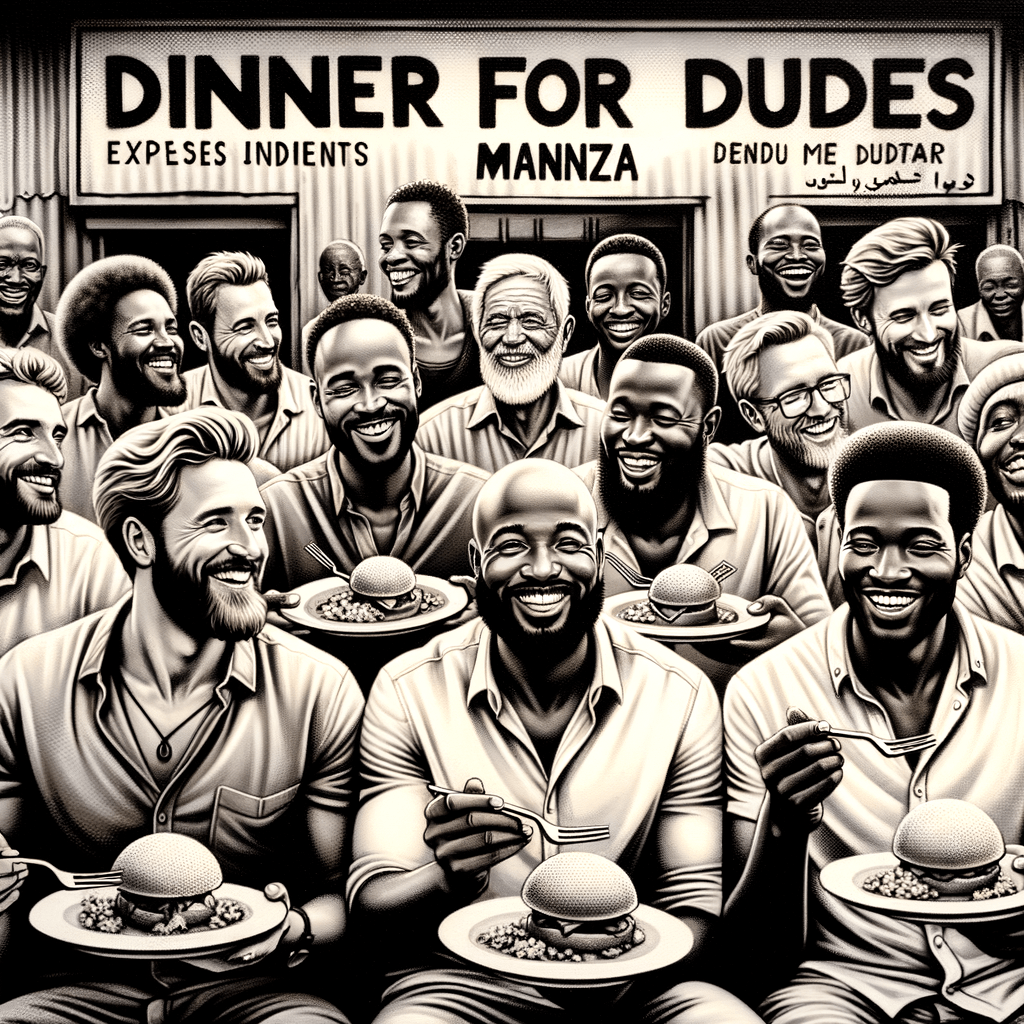 There is a group of guys who are expats who live in Mwanza, Tanzania. We get together to get food and have some fun. The name of the group is Dinner for Dudes. Please make an image of us eating and having a good time.