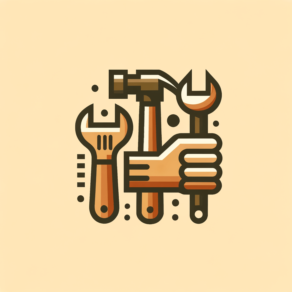 create a logo for a handyman service with simple detail including a screwdriver, wrench, and hammer. color scheme is tan, orange, and brown