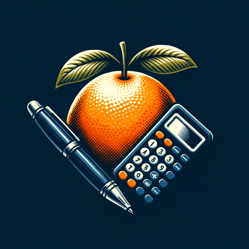 Create a logo including an orange, a pen, and a calculator should include color dark blue