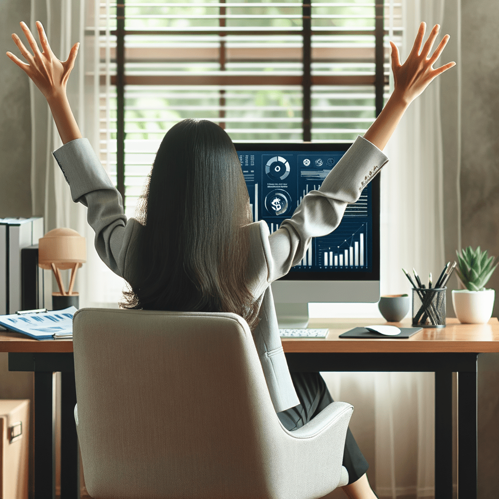 a successful business person in their office, sitting in their office chair facing away from our view, hands in the air expressing relief and their computer in front with the screen showing their successful business.