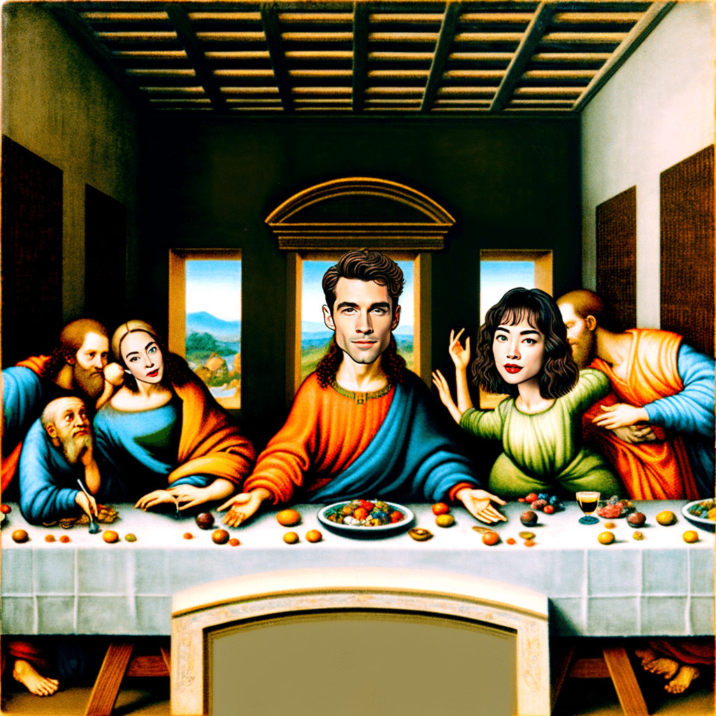 please draw a funny drawing that is animated. Use Leonardo's The Last Supper as the base image and in the middle, instead of Jesus, there is two people who look a little bit like Channing Tatum and Ali Wong. It should look like a cartoon, and not realistic. It is supposed to be fun and an invite to Thanksgiving