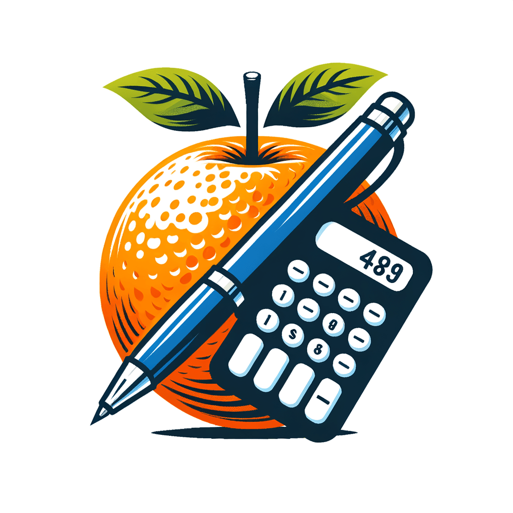Create a logo including an orange, a pen, and a calculator should include white background