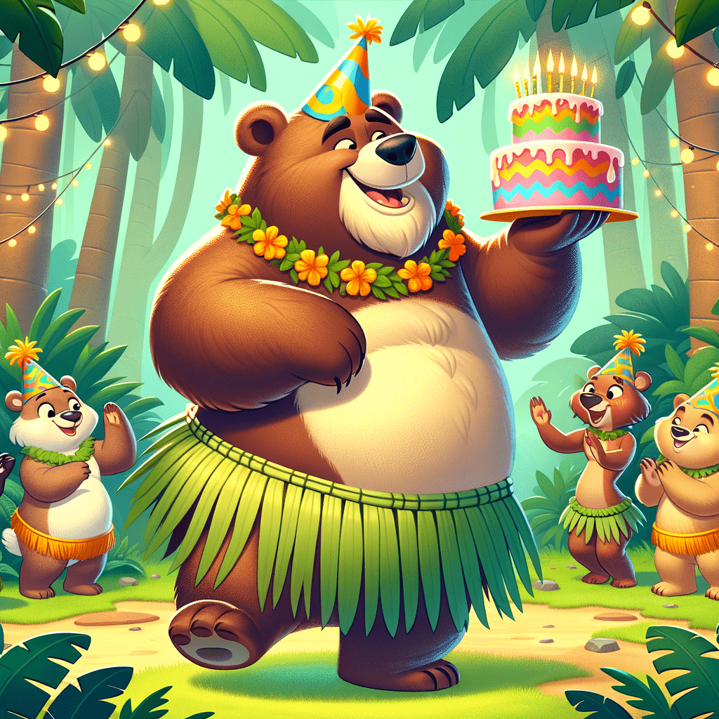 Baloo the bear from the jungle book is having a birthday party with his friends. He is wearing a party hat and a hula skirt, dancing in the jungle. While his friends present him a gigantic beautiful, colorful birthday cake with candles on top.