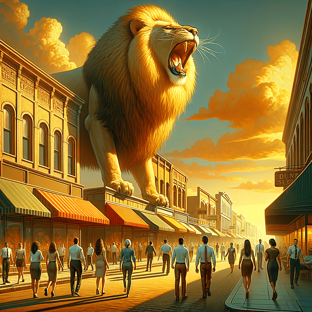 create a photo realistic image of an oversized roaring lion next to proud entrepreneurs of different races and gender with a background of retail stores in main street usa