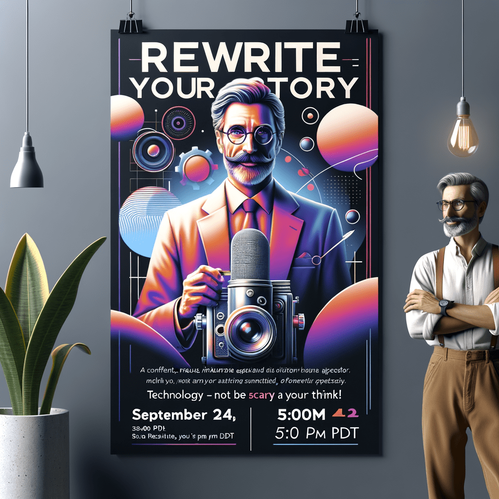 Create a visual content ad for he upcoming "Rewrite Your Story" Meet-Up on September 24, 2024 at 5:00 PM PDT featuring guest speaker Jan Ferguson who will speak on "Technology-Not As Scary as you Think!"