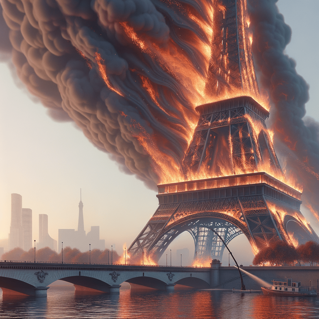 Rendu photo réaliste d'un incendie au pied de la tour Eiffel.