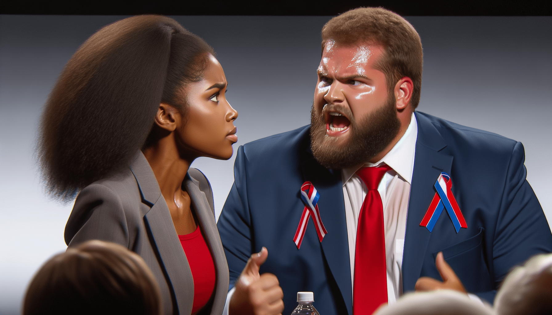 Donald trump looking very fat and sweaty in a suit with a red tie debating kamala Harris, looking very calm and collected. Trump is very animated and almost red in the face.