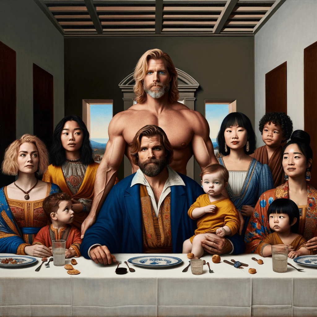 Please make this image
A Last Supper-style painting of a modern Thanksgiving feast. In the center, a tall, blonde, bearded guy with a dad bod sits at the middle of a long table. Next to him is a small, skinny Chinese woman holding a young mixed-race child. On his other side is a mixed-race toddler. The two toddlers should look like they have Asian and white heritage. Everyone except the kids should wear traditional clothing from the time of the Last Supper, while the kids wear modern outfits. It can be funny and cartoon