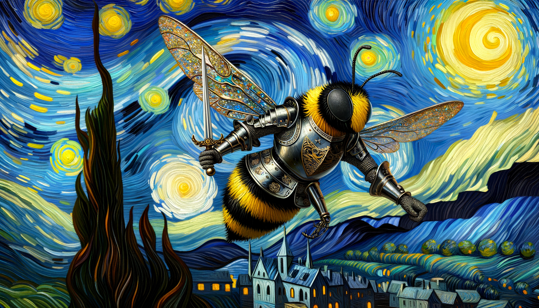 A Bumblebee wearing a knight's armor holding a sword, flying in front of a crooked castle in the style of starry skies by Vincent van Gogh