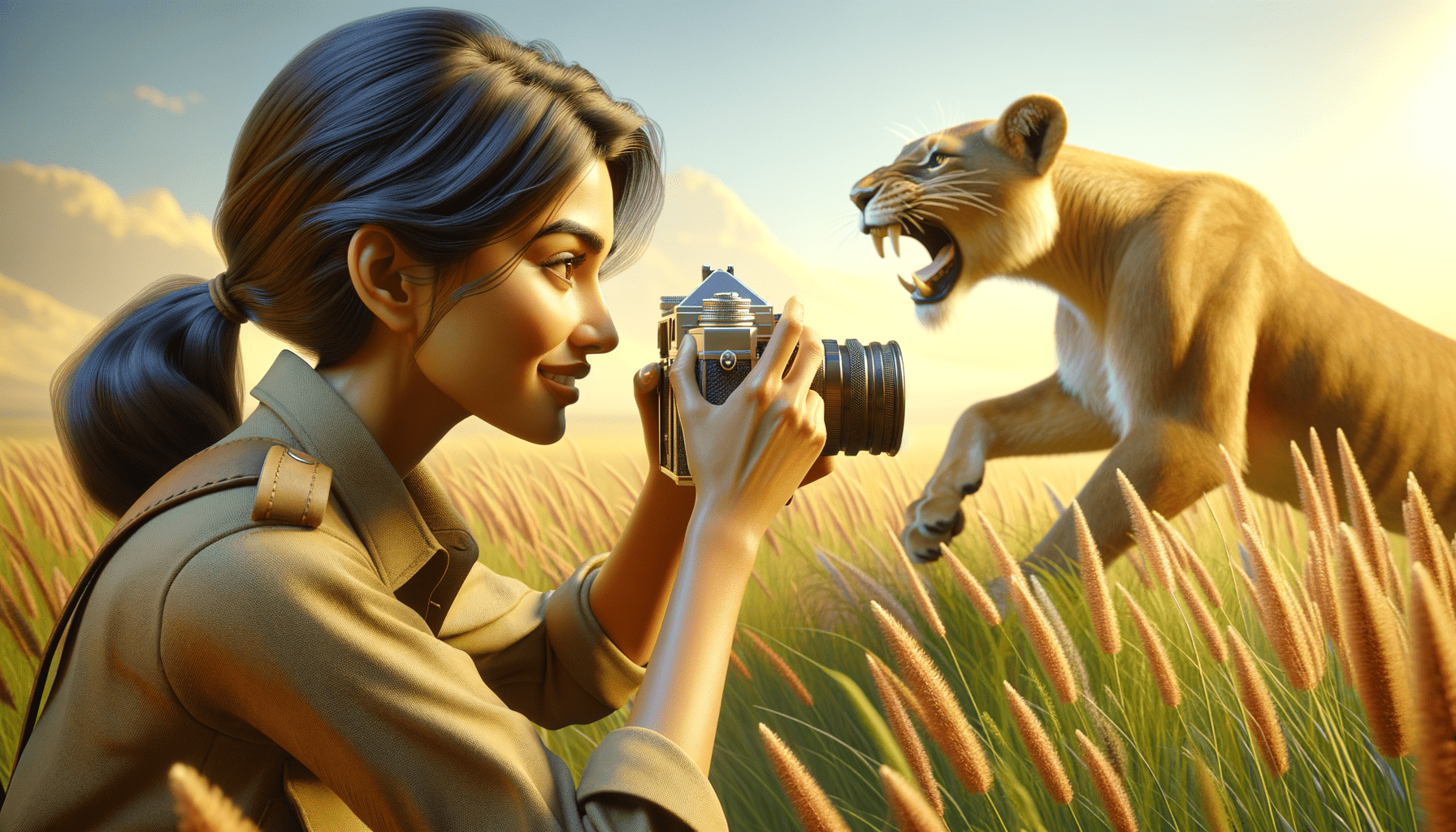 Kamala Harris, clad in khaki, a Leica camera pressed to his eye, capturing the intensity of a lioness stalking prey in the tall grasses of the Serengeti. His face is etched with concentration and a deep respect for the wild beauty surrounding him.