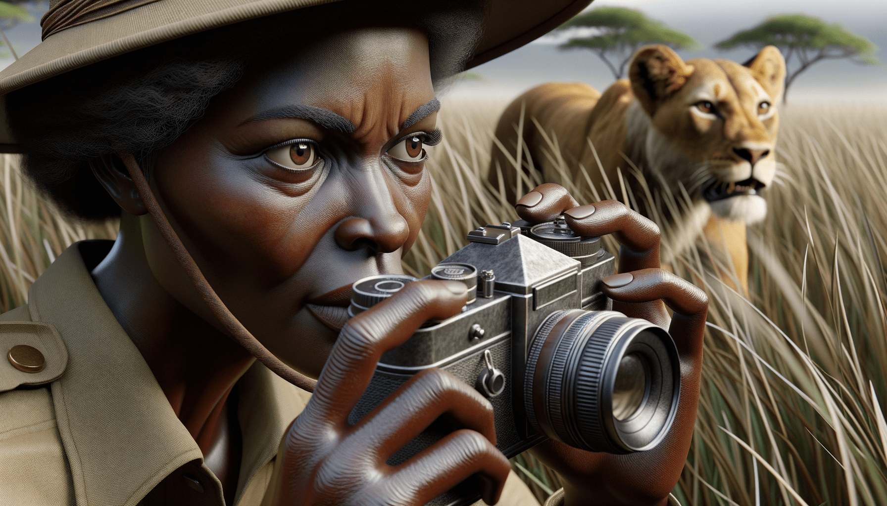 Close-up: Kamala Harris, clad in khaki, a Leica camera pressed to his eye, capturing the intensity of a lioness stalking prey in the tall grasses of the Serengeti. His face is etched with concentration and a deep respect for the wild beauty surrounding him.