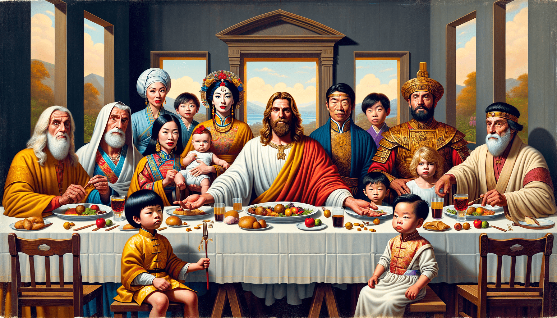 Please make this image
A Last Supper-style painting of a modern Thanksgiving feast. In the center, a tall, blonde, bearded guy with a dad bod sits at the middle of a long table. Next to him is a small, skinny Chinese woman holding a young mixed-race child. On his other side is a mixed-race toddler. The two toddlers should look like they have Asian and white heritage. Everyone except the kids should wear traditional clothing from the time of the Last Supper, while the kids wear modern outfits. It can be funny and cartoon. 
Please only add one white guy and one Chinese lady.