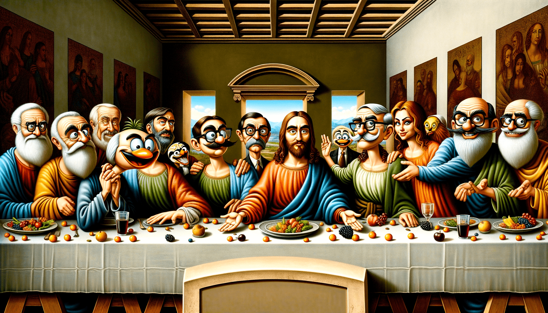 please draw a funny drawing that is animated. Use Leonardo's The Last Supper as the base image and in the middle, instead of Jesus, there is two people who look a little bit like Nick Offereman and Ali Wong as Simpson characters. It should look like a cartoon, and not realistic. It is supposed to be fun and an invite to Thanksgiving. Please have at least 12 deciples in the picture.