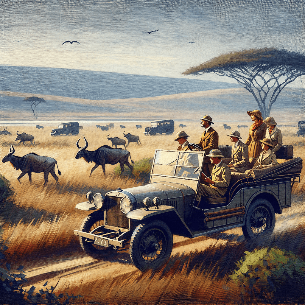 In the style of Laurence Stephen Lowry, please make a painting of a turn of the century safari in the Serengeti