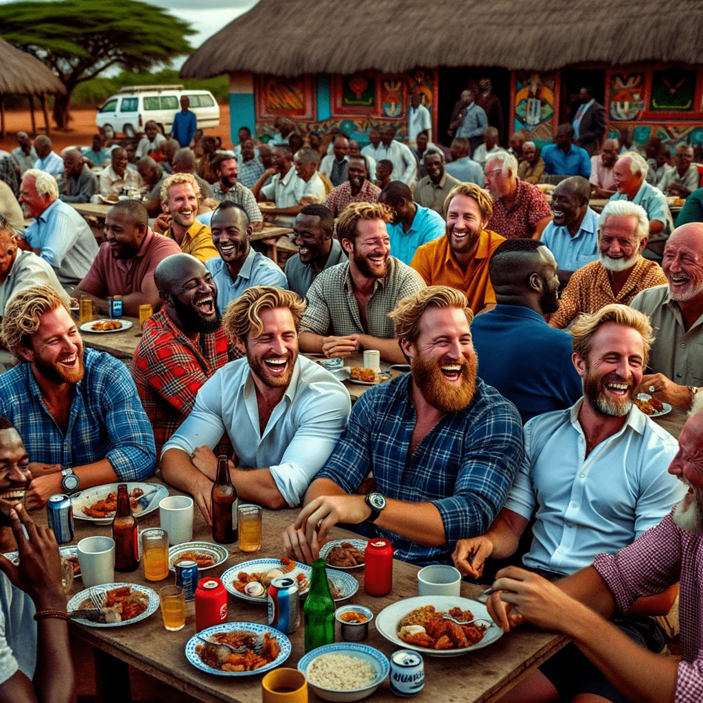 There is a group of guys who are white expats who live in Mwanza, Tanzania. We get together to get food and have some fun. The name of the group is Dinner for Dudes. Please make an image of us eating and having a good time.